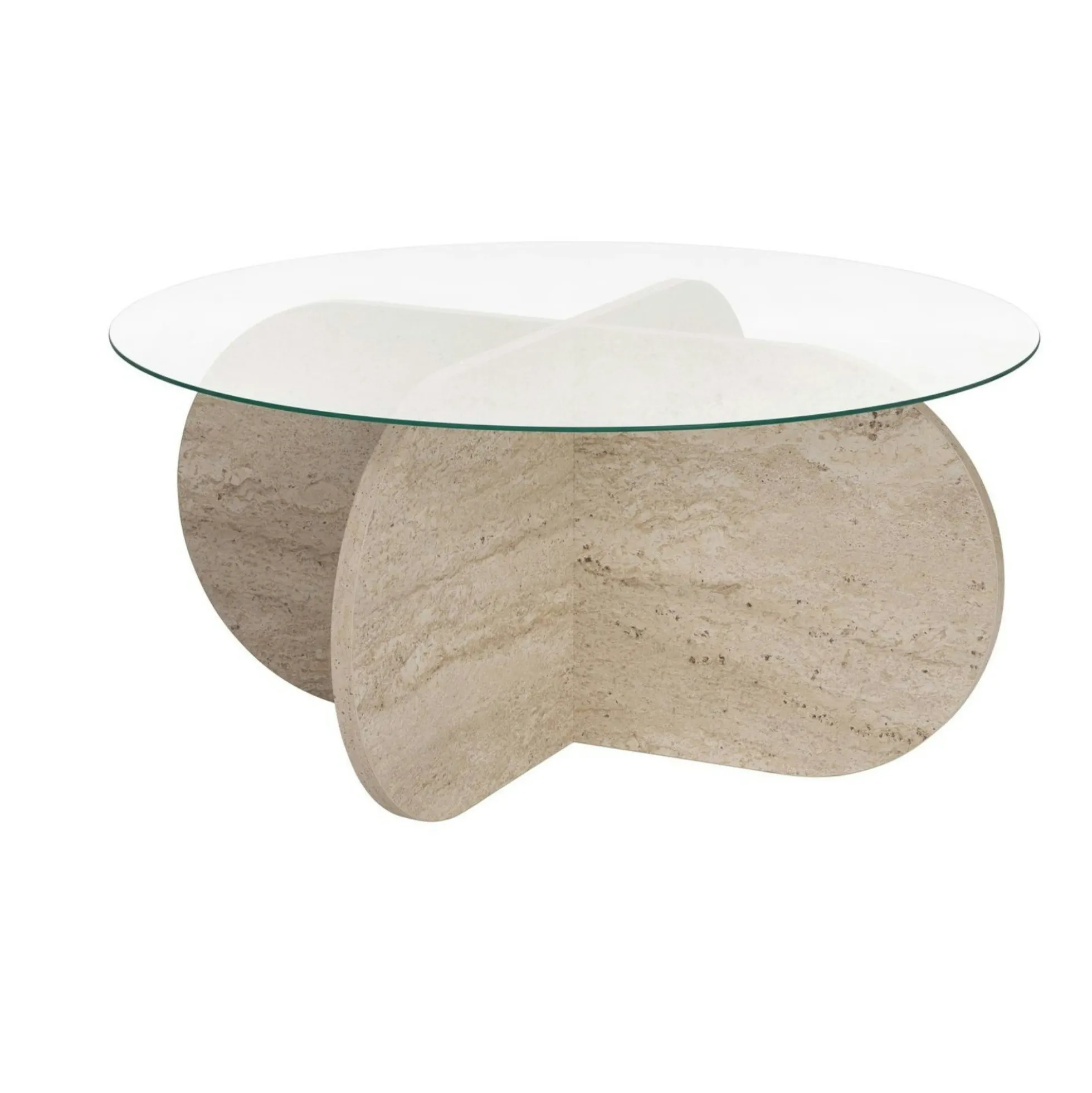 Table basse en verre - pied en croix effet travertin SALTA