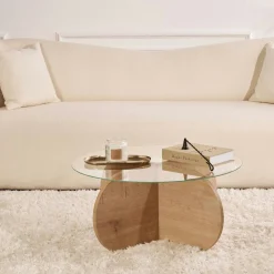 Table basse en verre - pied en croix effet chêne clair SALTA