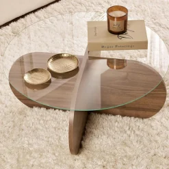 Table basse en verre - pied en croix effet noyer SALTA