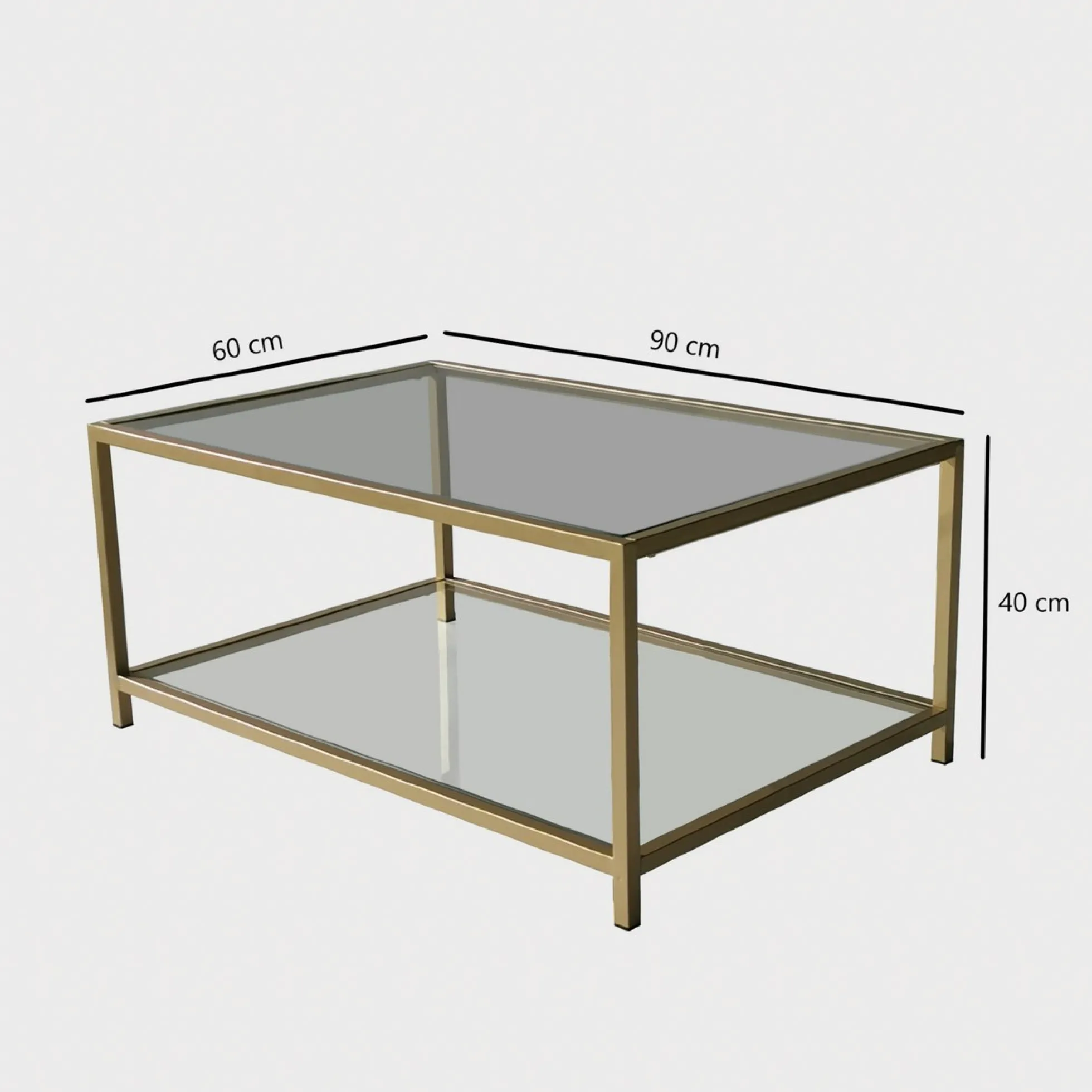 Table basse en verre 2 plateaux, structure dorée TULUM