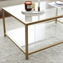 Table basse en verre 2 plateaux, structure dorée TULUM