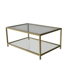 Table basse en verre 2 plateaux, structure dorée TULUM
