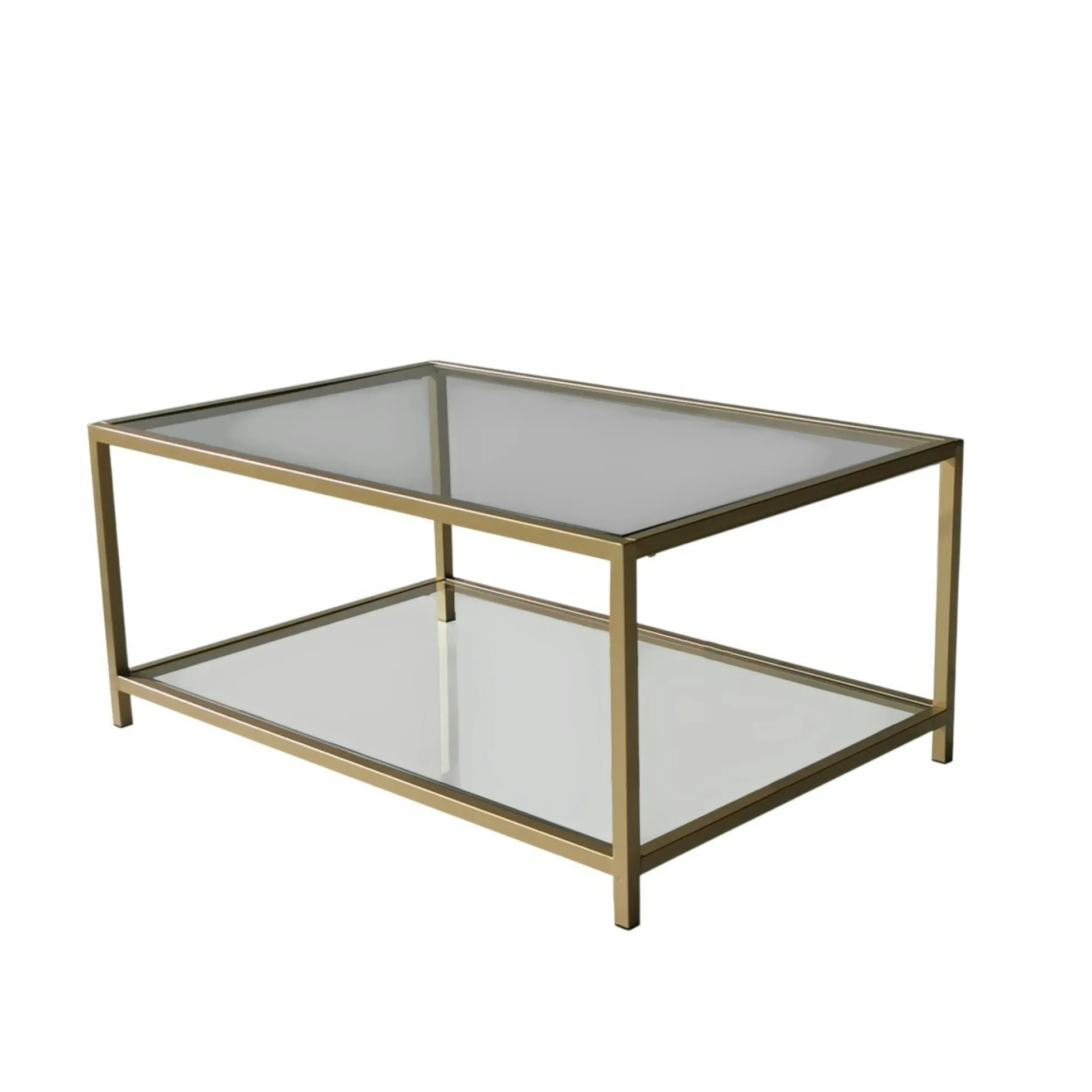Table basse en verre 2 plateaux, structure dorée TULUM