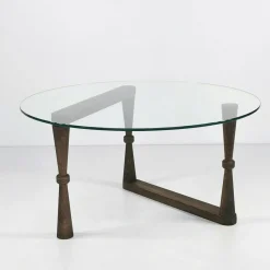 Table basse en verre ronde - pied bois sculpté BOMA
