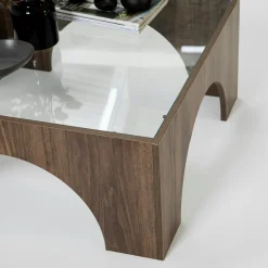 Table basse en verre, structure effet noyer à arches SALTA