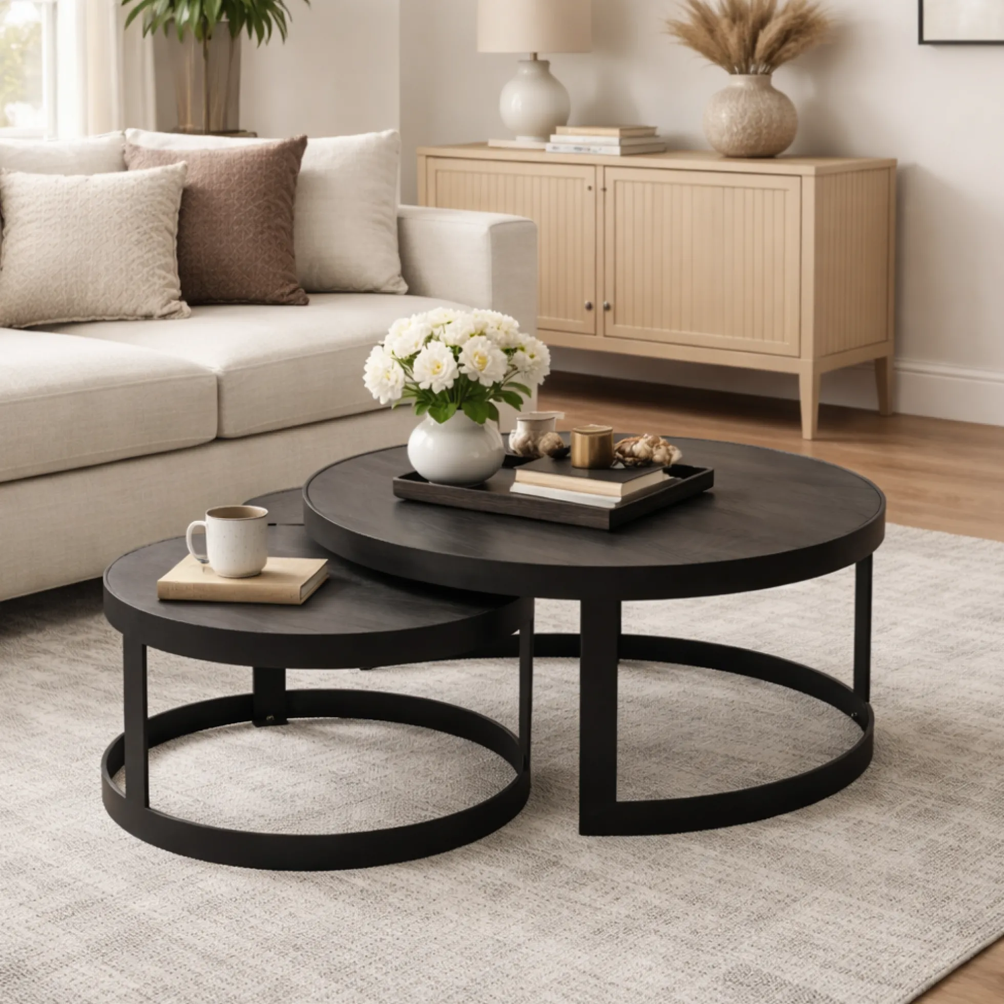 Table basse gigogne bois noir à rebord épais (lot de 2) ALMA