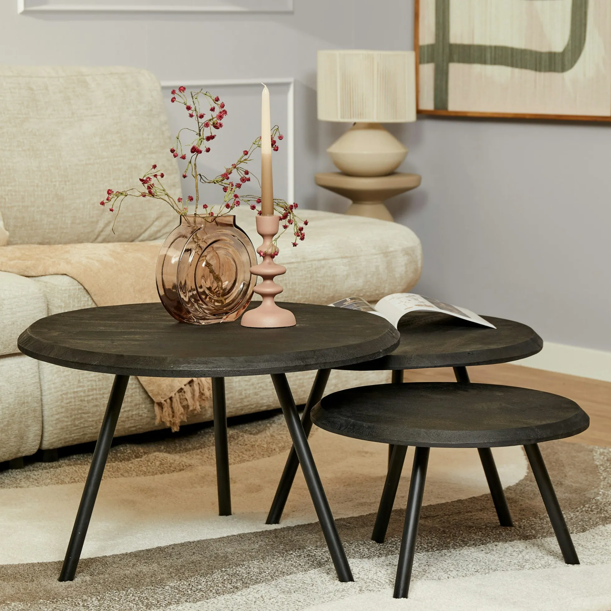 Table basse gigogne bois noir pieds compas (lot de 3) ALMA