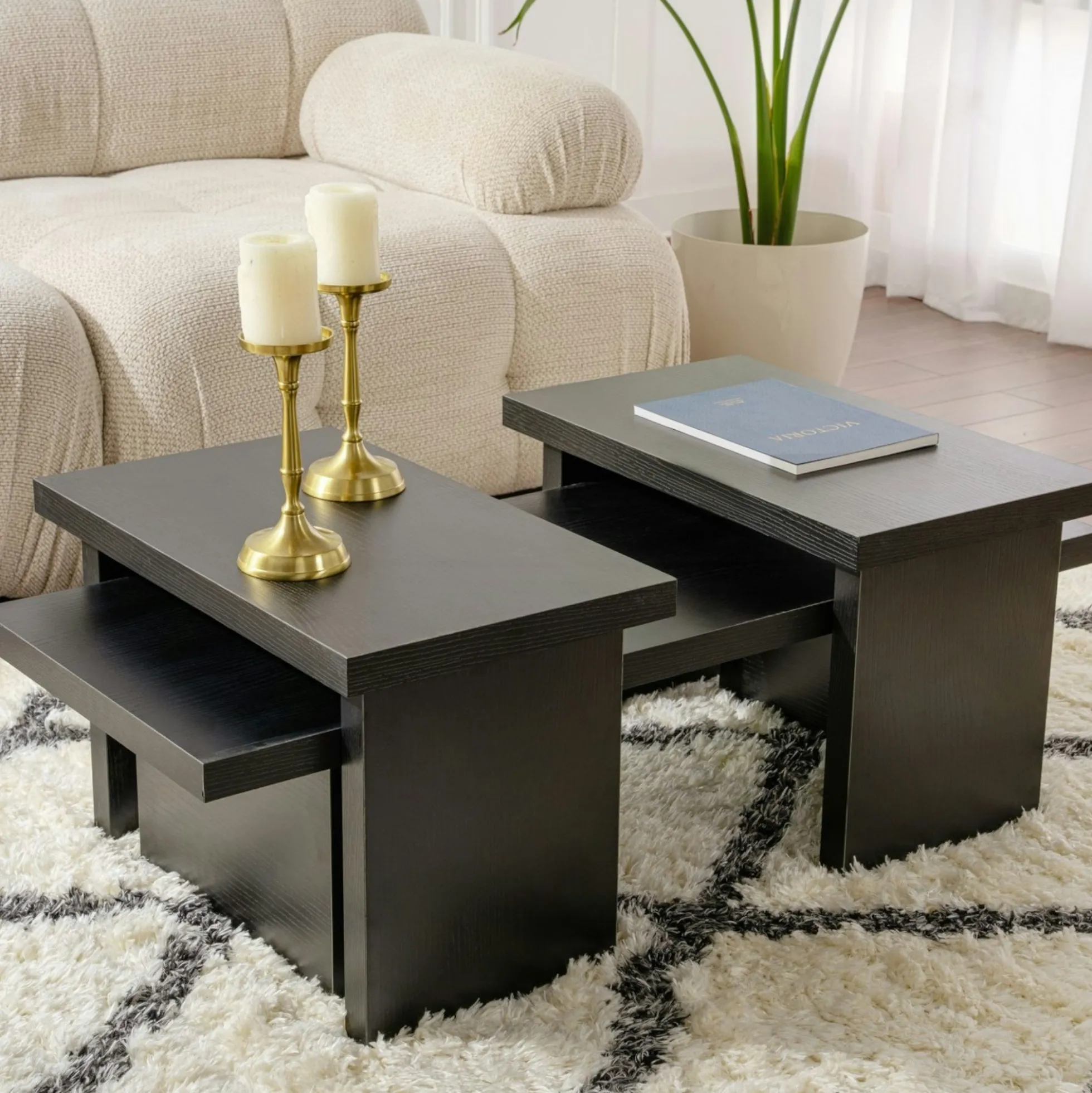Table basse gigogne design – effet bois noir (3 pièces) MARFA