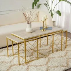 Table basse gigogne effet travertin pied doré (lot de 3) JENA