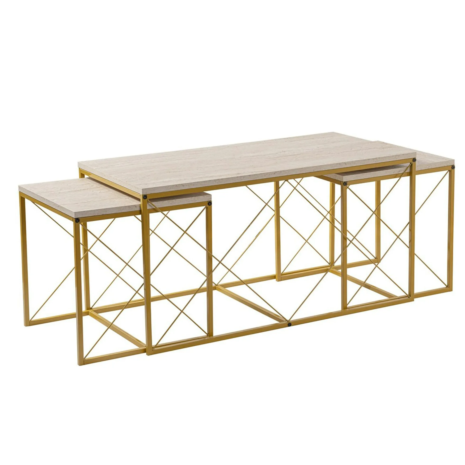 Table basse gigogne effet travertin pied doré (lot de 3) JENA
