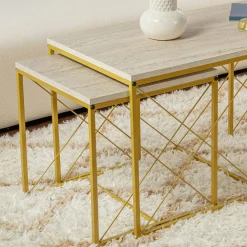 Table basse gigogne effet travertin pied doré (lot de 3) JENA