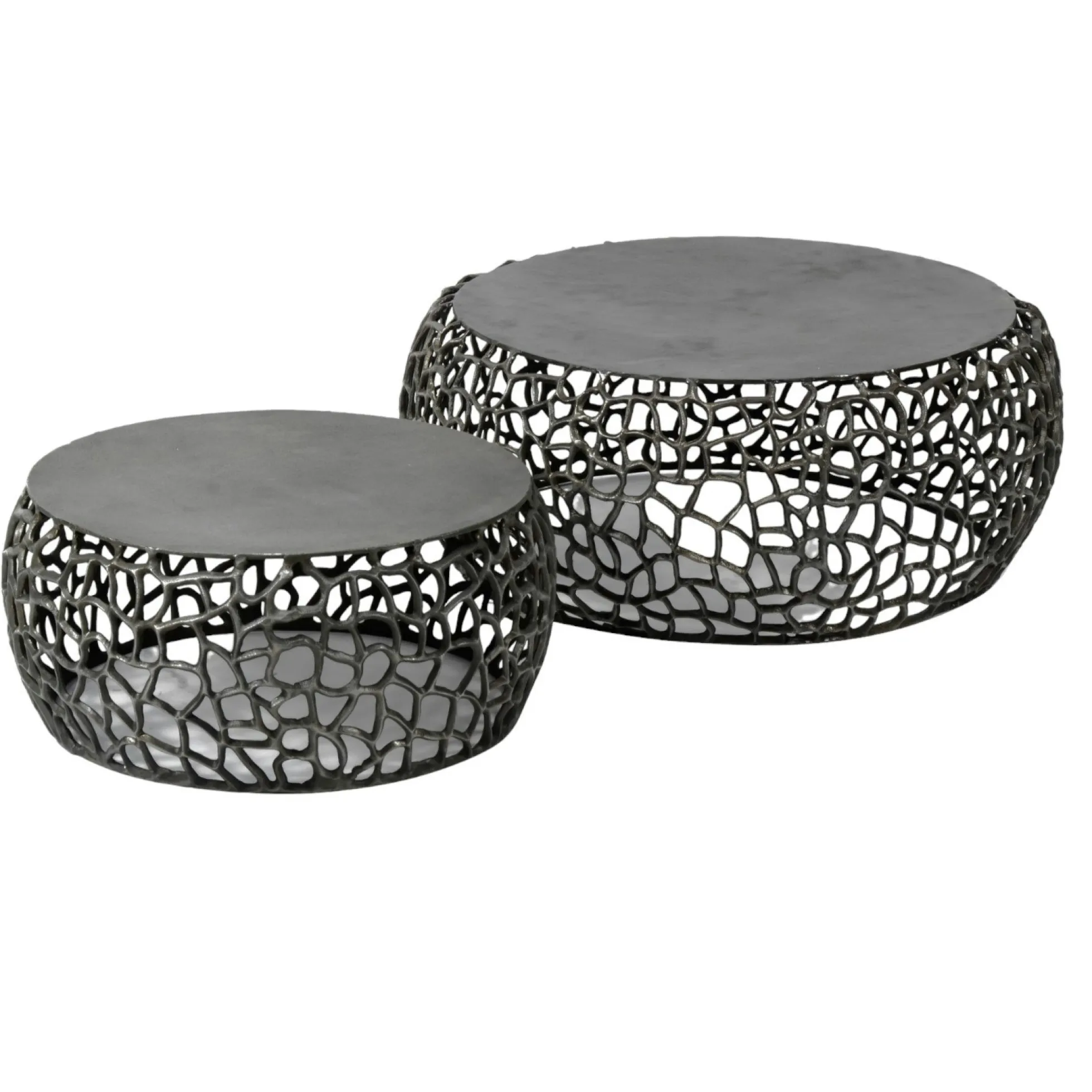 Table basse gigogne en métal gris motifs ajourés (2 pièces)