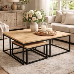 Table basse gigogne rectangulaire en bois clair (lot de 3) RIVANO