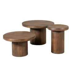 Table basse gigogne ronde bois brun à plateau épais (lot de 3) ALMA