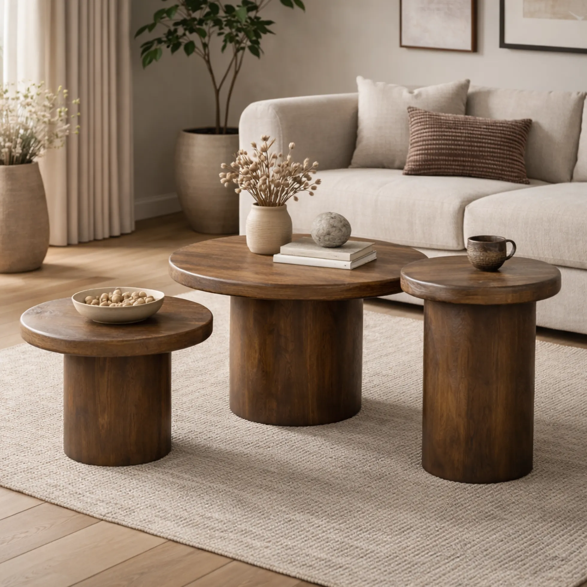 Table basse gigogne ronde bois brun à plateau épais (lot de 3) ALMA