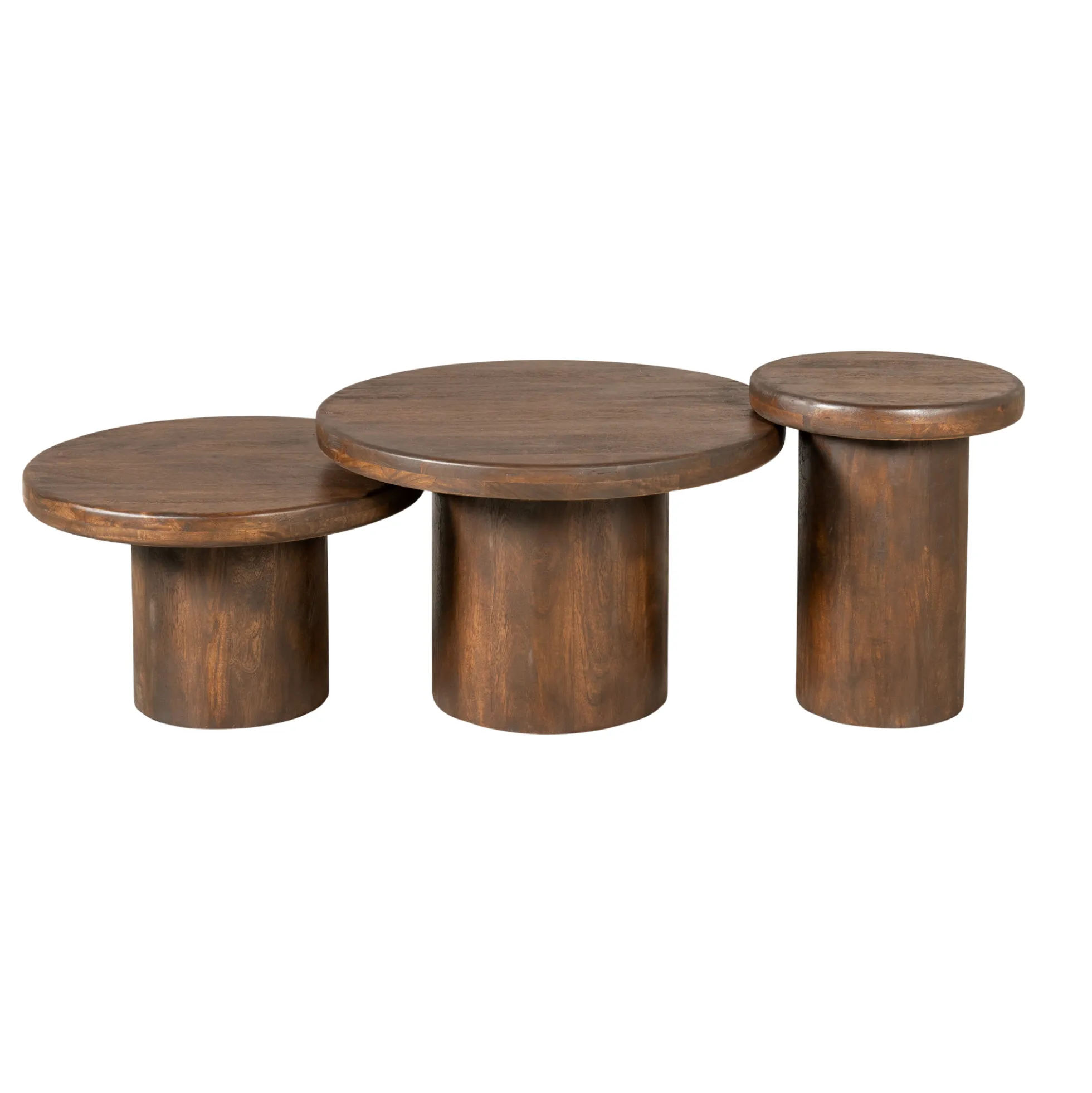 Table basse gigogne ronde bois brun à plateau épais (lot de 3) ALMA