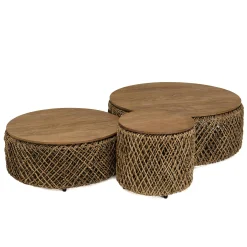 Table basse gigogne ronde en teck et rotin (lot de 3) SWING