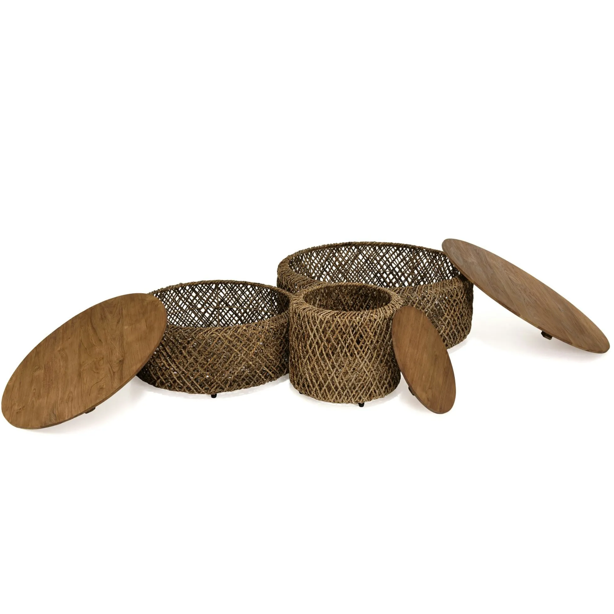 Table basse gigogne ronde en teck et rotin (lot de 3) SWING