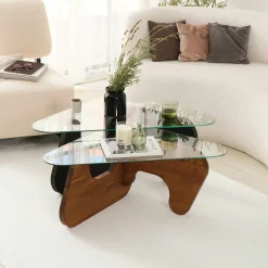 Table basse gigogne verre - 2 bois, triangle (lot de 2) ANZIO