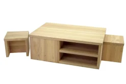 Table basse Hévéa avec niches + 2 tabourets à ranger sous la table 120x80x45cm HELENA