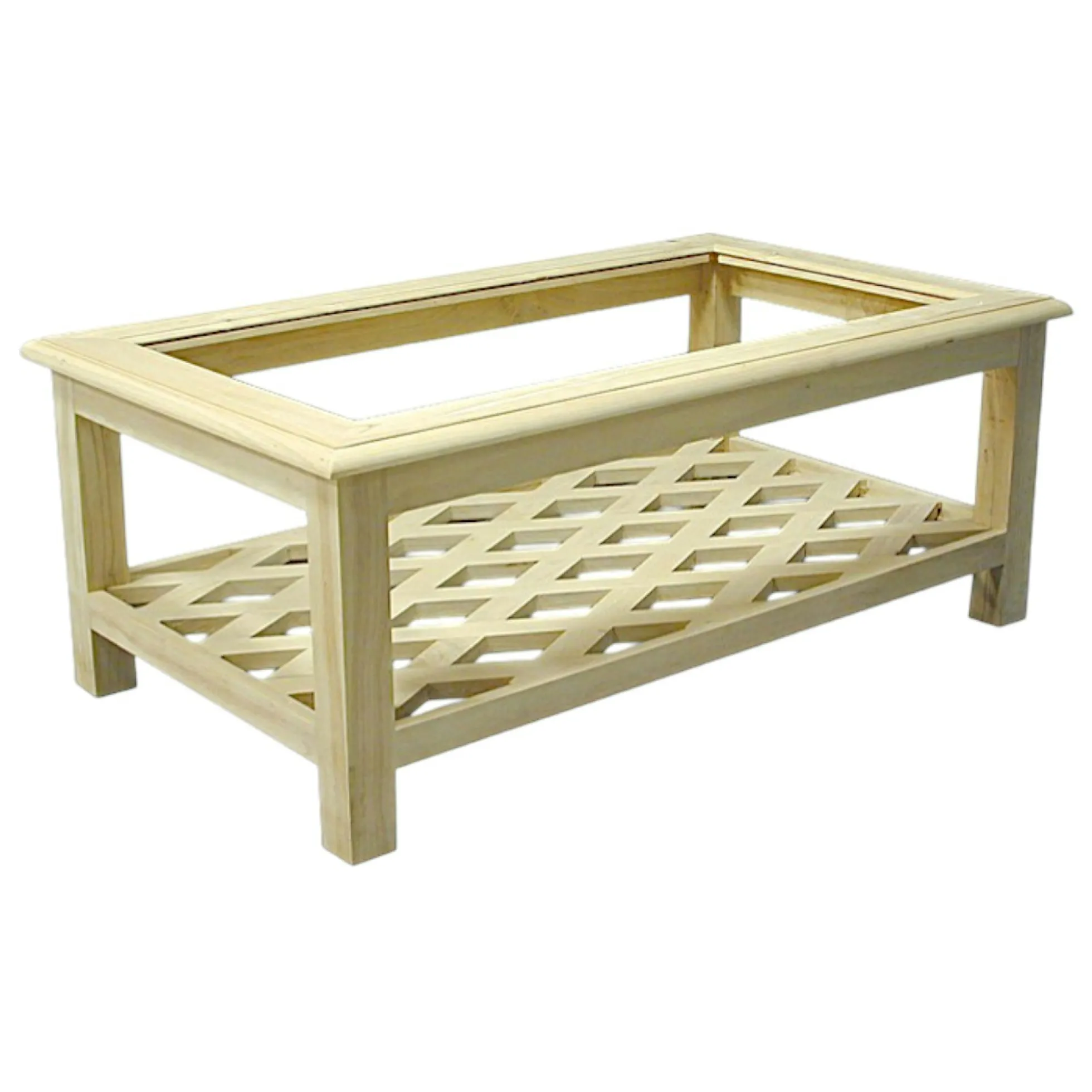 Table basse Hévéa double plateaux, 1 plateau verre, 1 plateau ajouré effet croisé 120x70x47cm MAORI