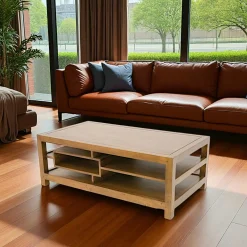 Table basse hévéa 3 plateaux 5 niches 110x60cm MAORI