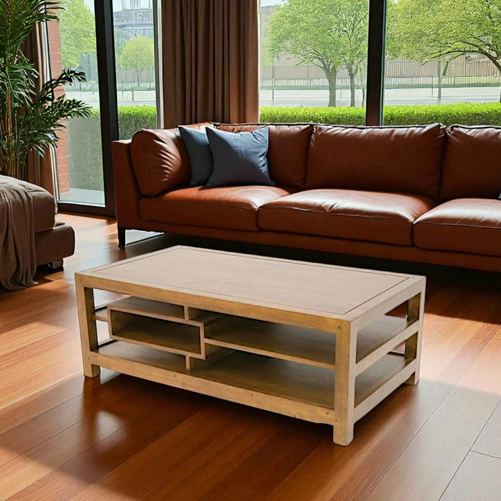 Table basse hévéa 3 plateaux 5 niches 110x60cm MAORI