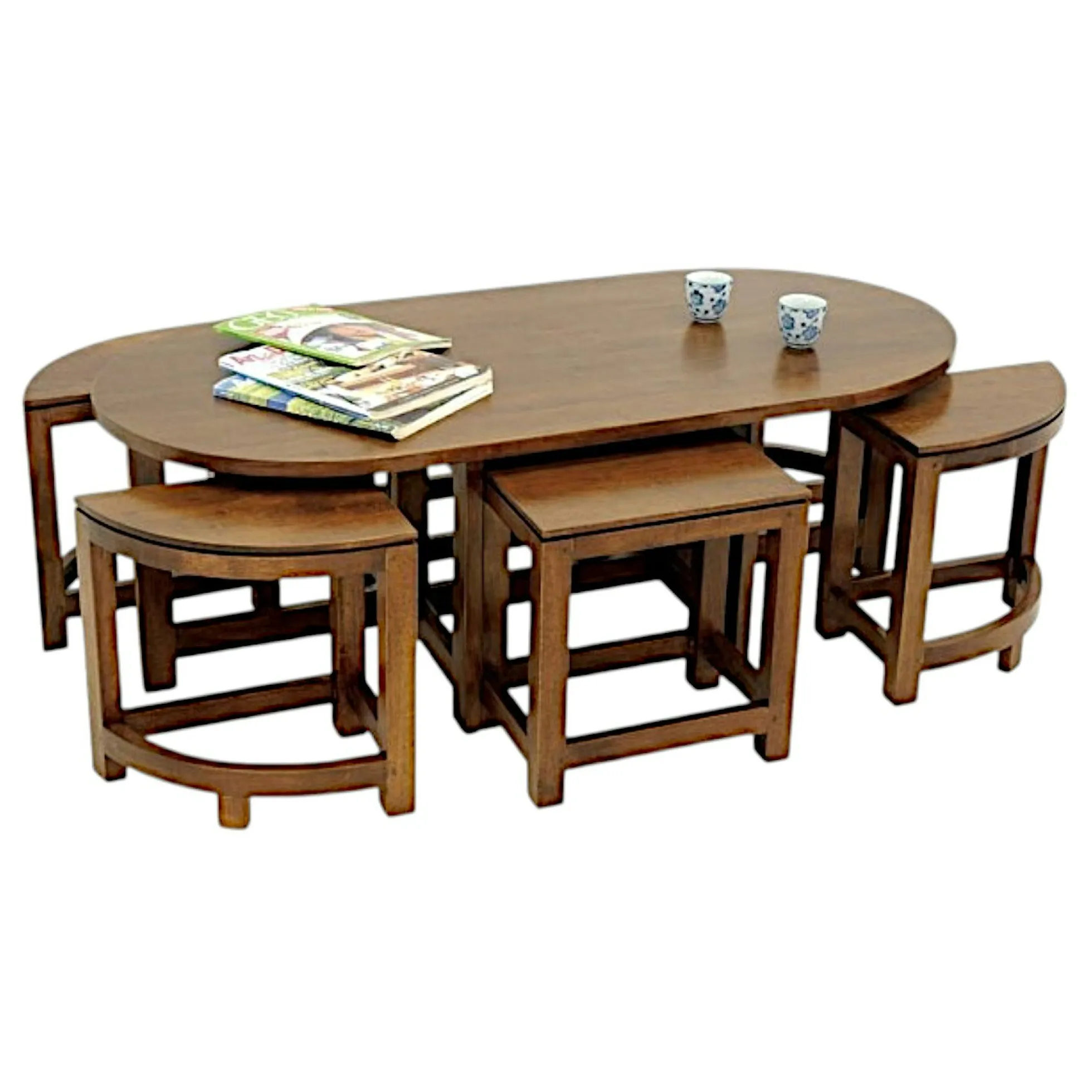 Table basse hévéa + 6 tabourets MAORI