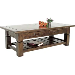 Table basse Hévéa 2 tiroirs, double plateaux dont plateau bas quadrillé 125x65x40cm MAORI
