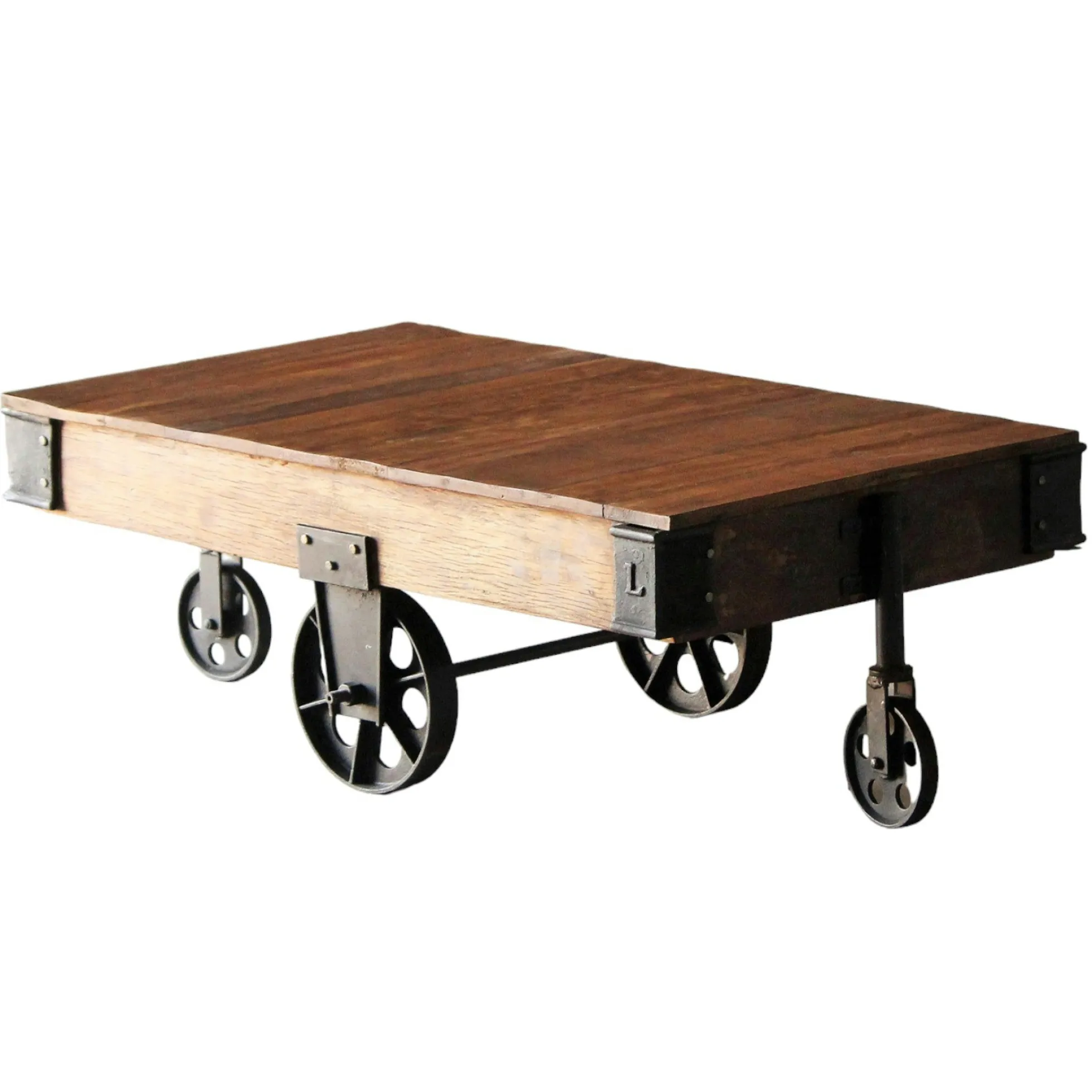 Table basse industrielle vintage bois recyclé roues LEEDS