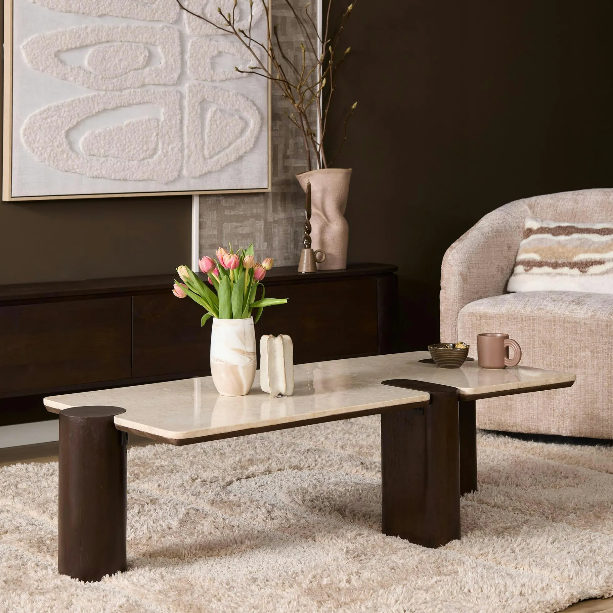 Table basse marbre et bois style puzzle DUOMO