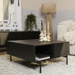 Table basse noire carrée en bois rainuré 2 tiroirs CORTINA
