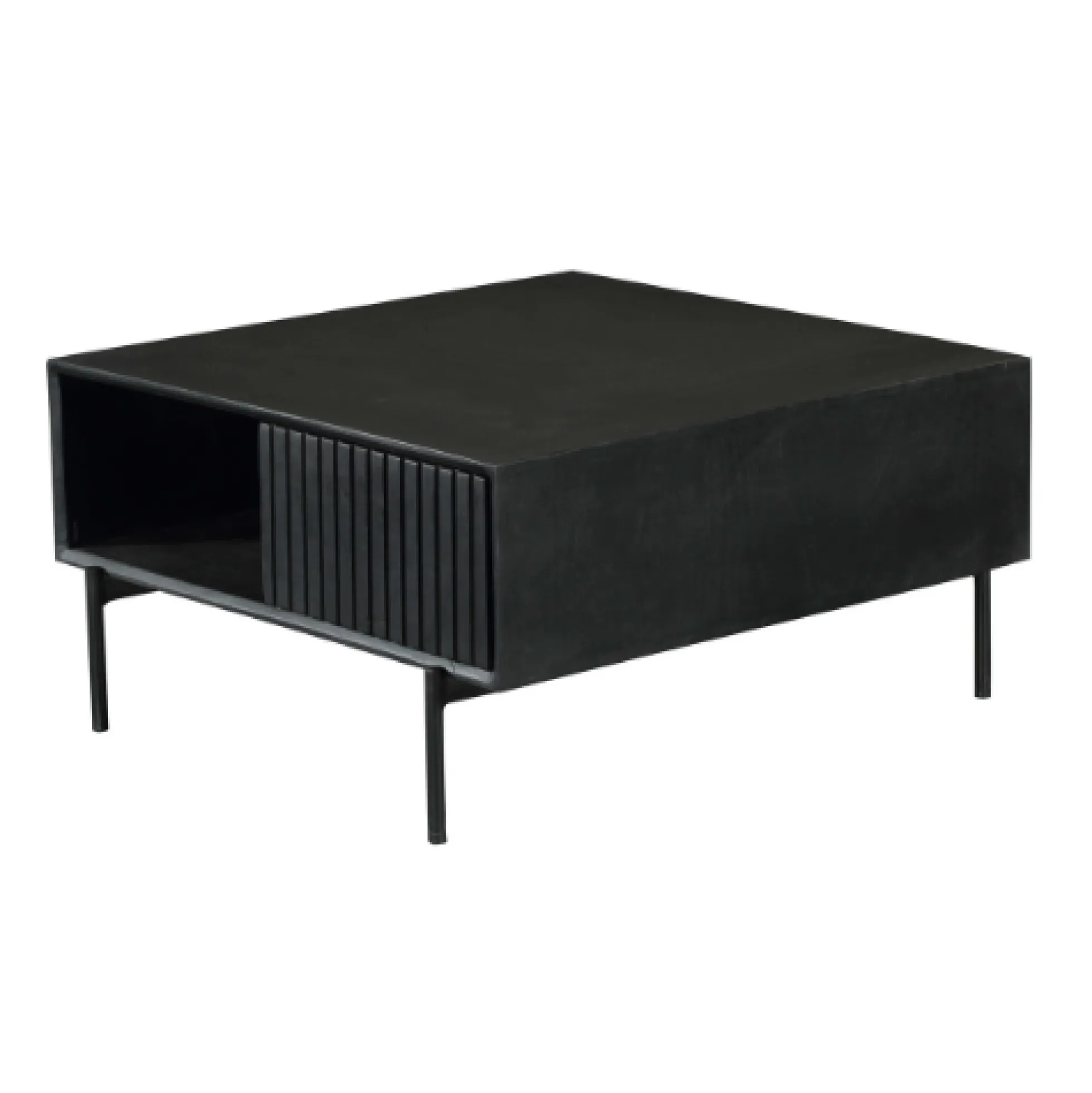 Table basse noire carrée en bois rainuré 2 tiroirs CORTINA