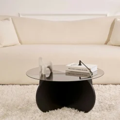 Table basse noire plateau verre – pied croix effet bois SALTA