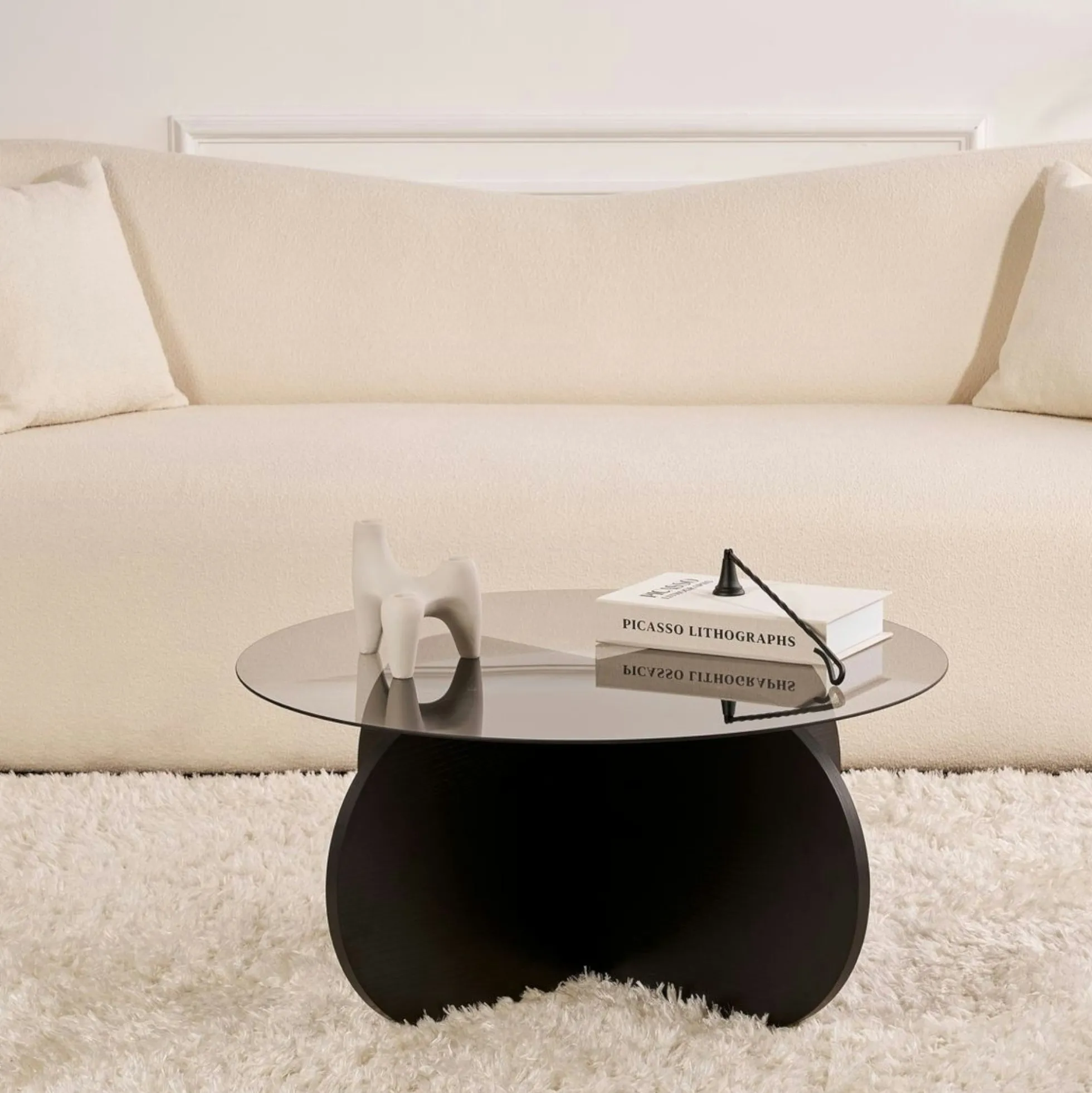 Table basse noire plateau verre – pied croix effet bois SALTA