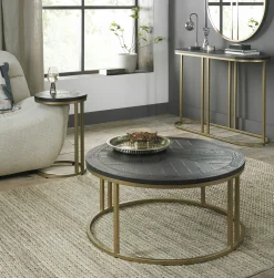 Table basse noire ronde en marqueterie de bois VALLEY