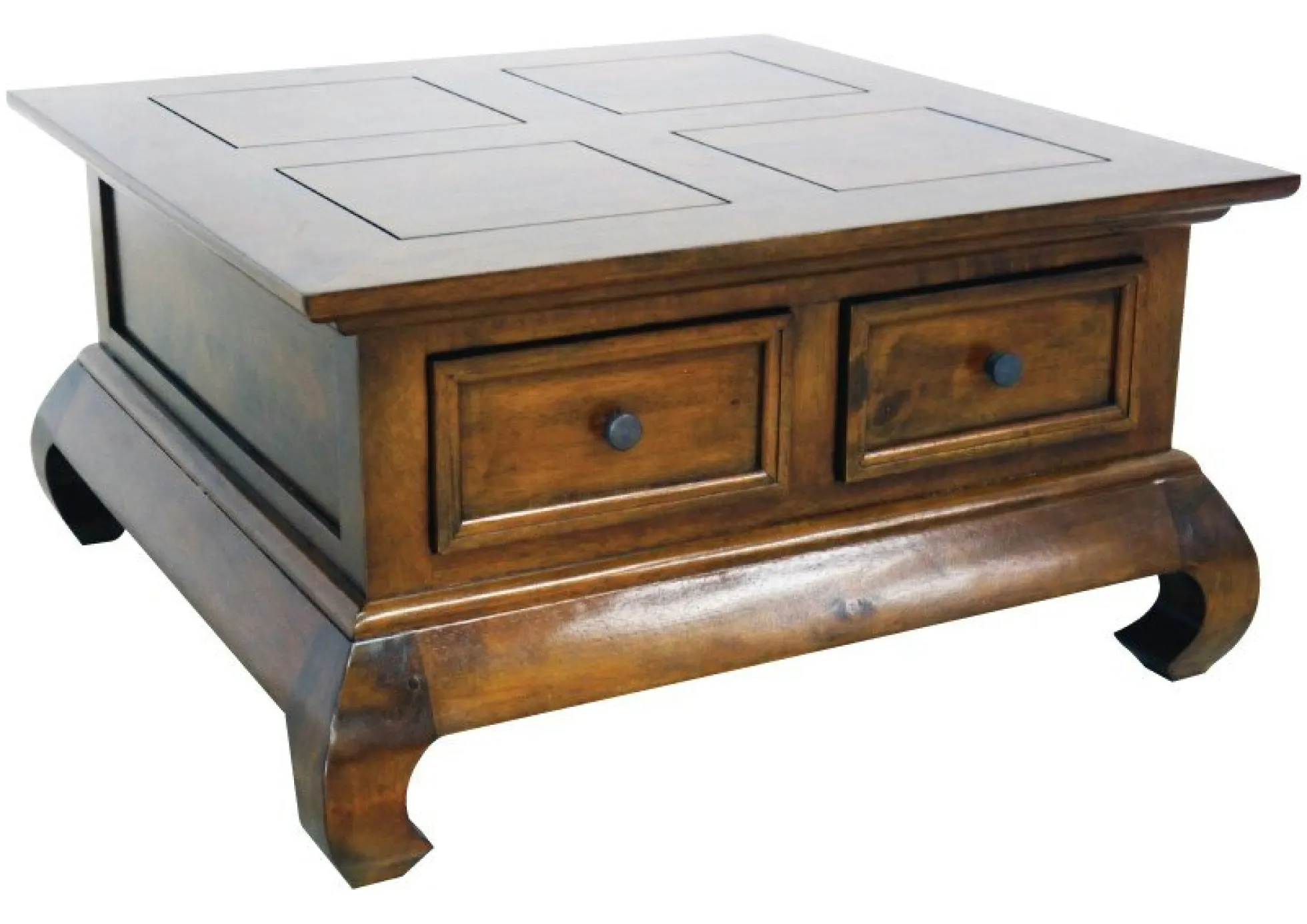 Table basse Opium Hévéa 4 tiroirs et pieds galbés 75x75x39,8cm MAORI
