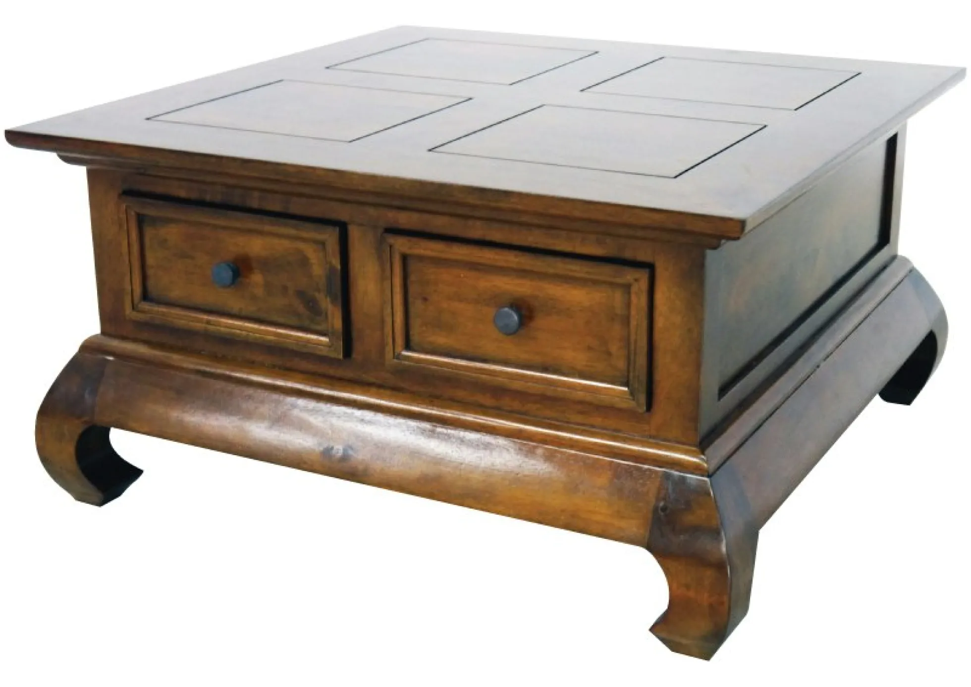 Table basse Opium Hévéa 4 tiroirs et pieds galbés 75x75x39,8cm MAORI