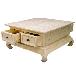 Table basse Opium Hévéa 4 tiroirs et pieds galbés 75x75x39,8cm MAORI
