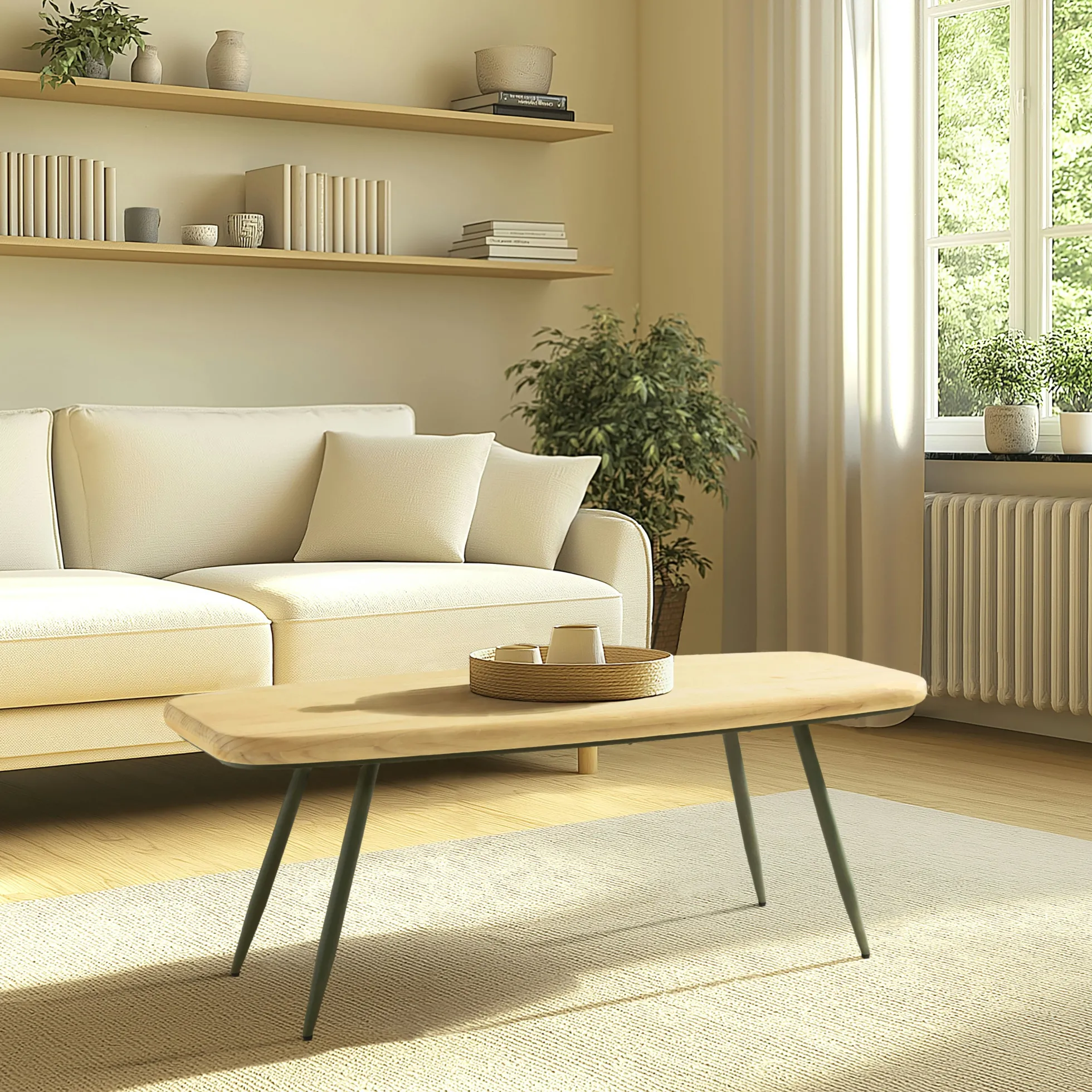 Table basse organique pin et métal vert 120 cm BAGAN