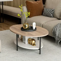 Table basse ovale double plateau effet bois et blanc JENA