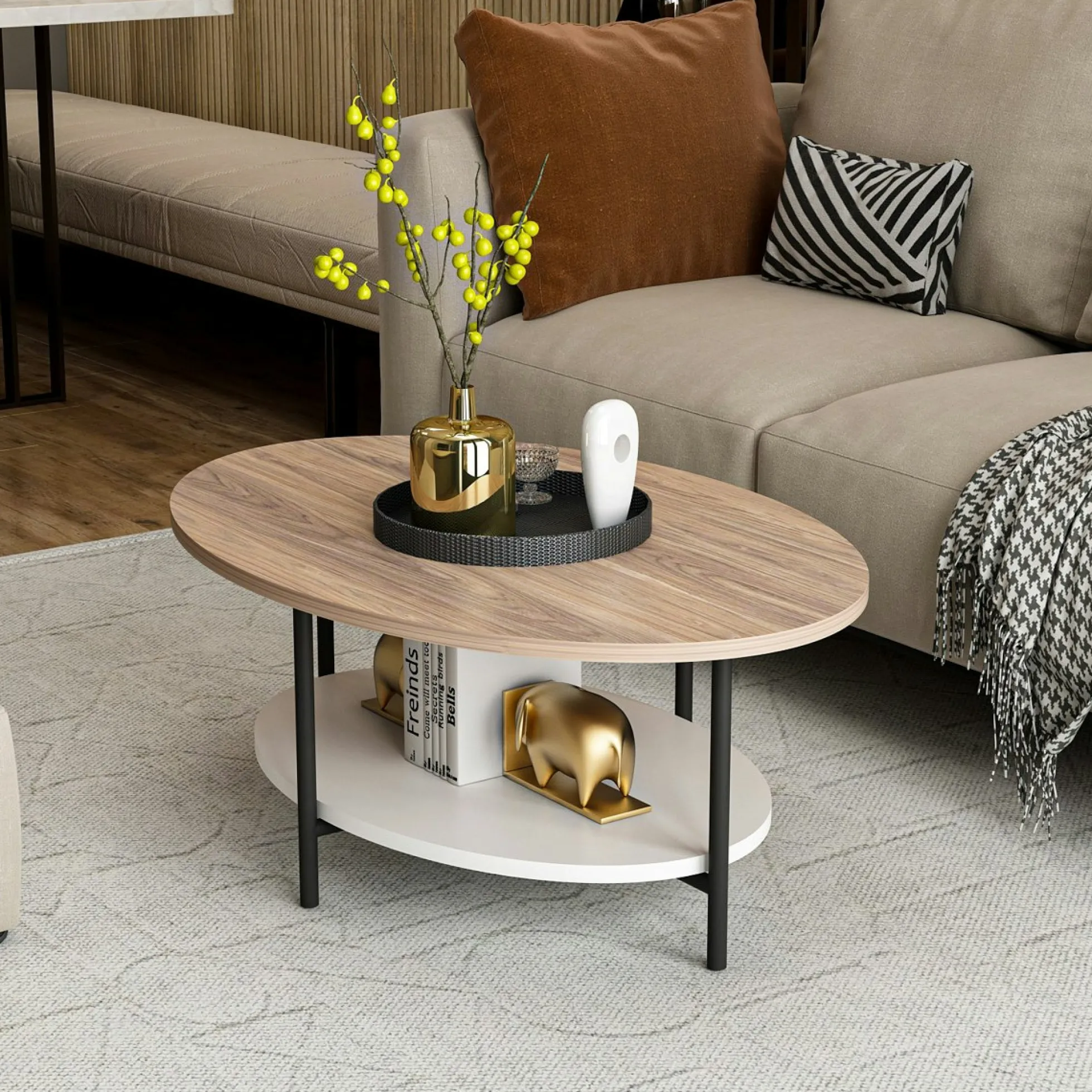 Table basse ovale double plateau effet bois et blanc JENA
