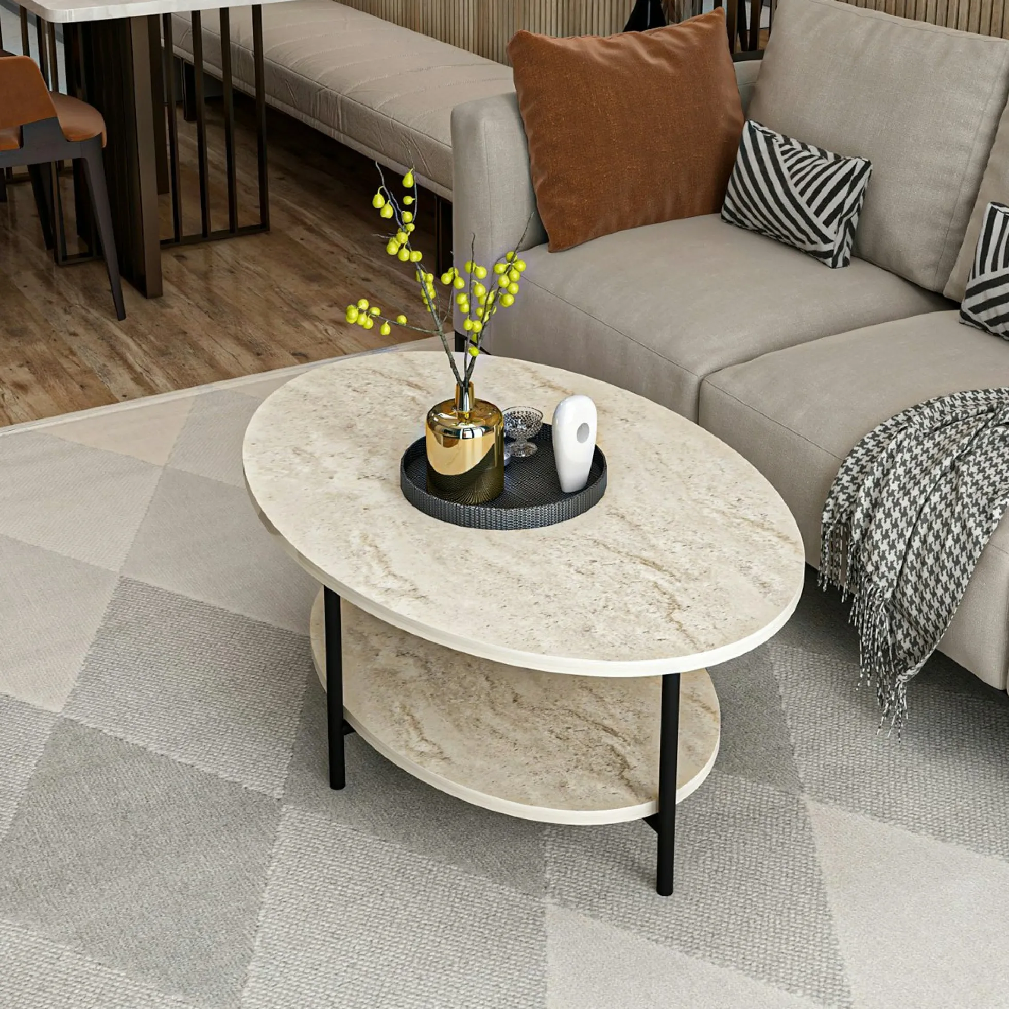 Table basse ovale double plateau effet travertin JENA