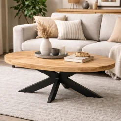 Table basse ovale en bois clair à pied croisé RIVANO
