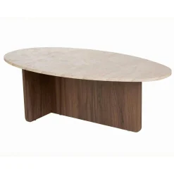 Table basse ovale organique décor travertin et noyer MARFA