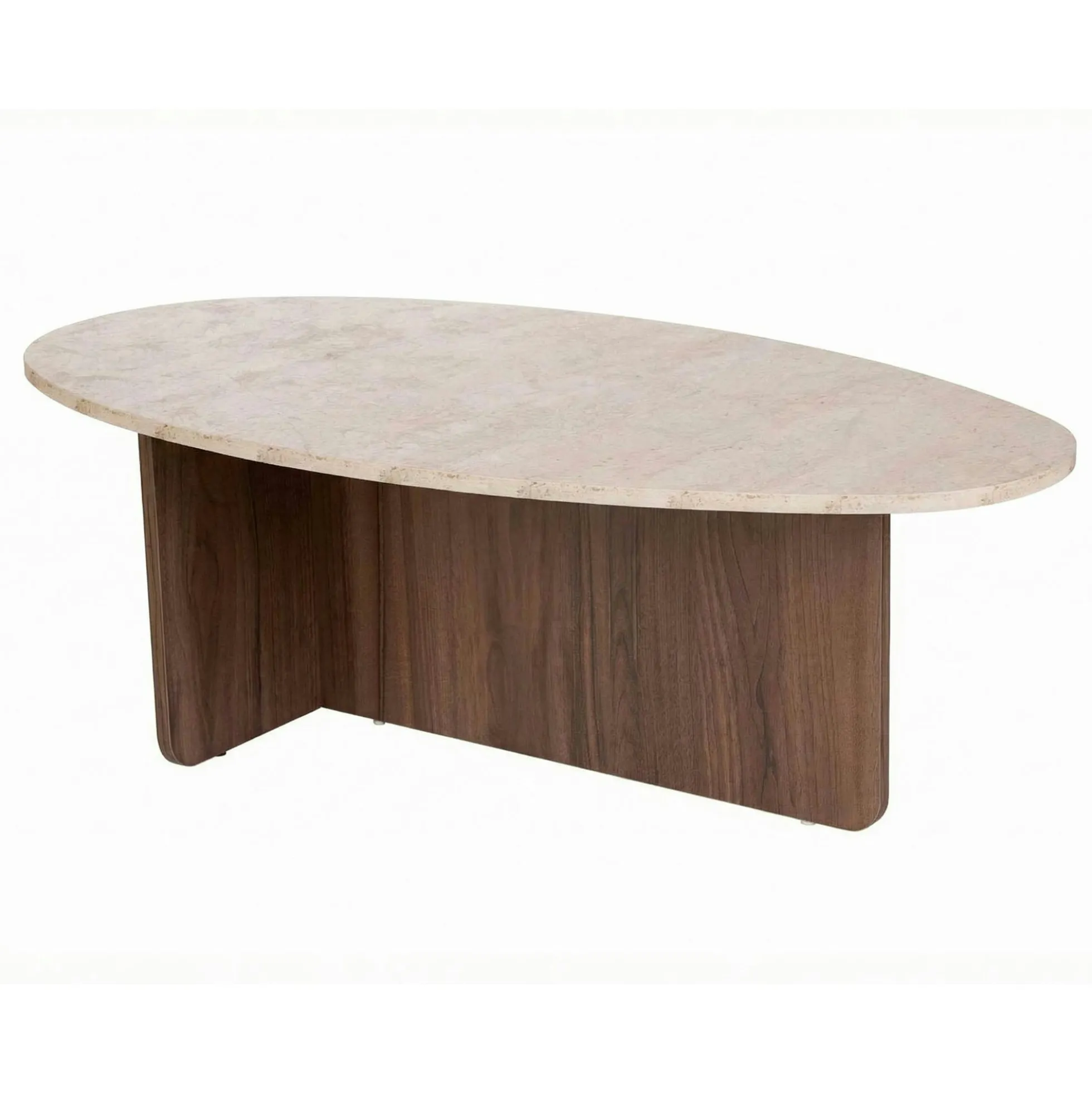 Table basse ovale organique décor travertin et noyer MARFA