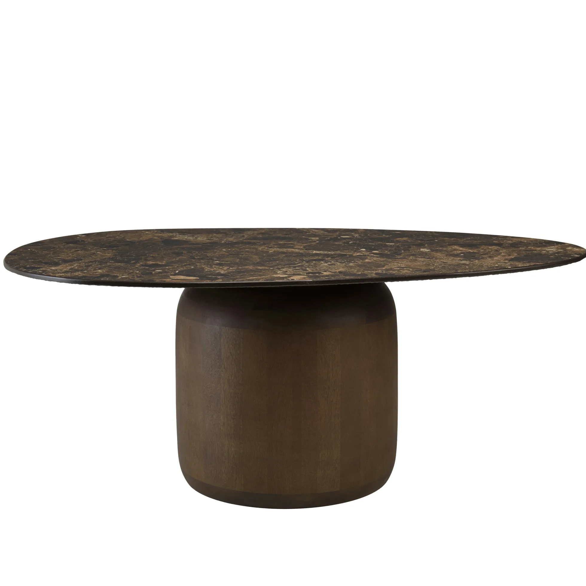 Table basse ovoïde plateau céramique marron pied en manguier TOSCA