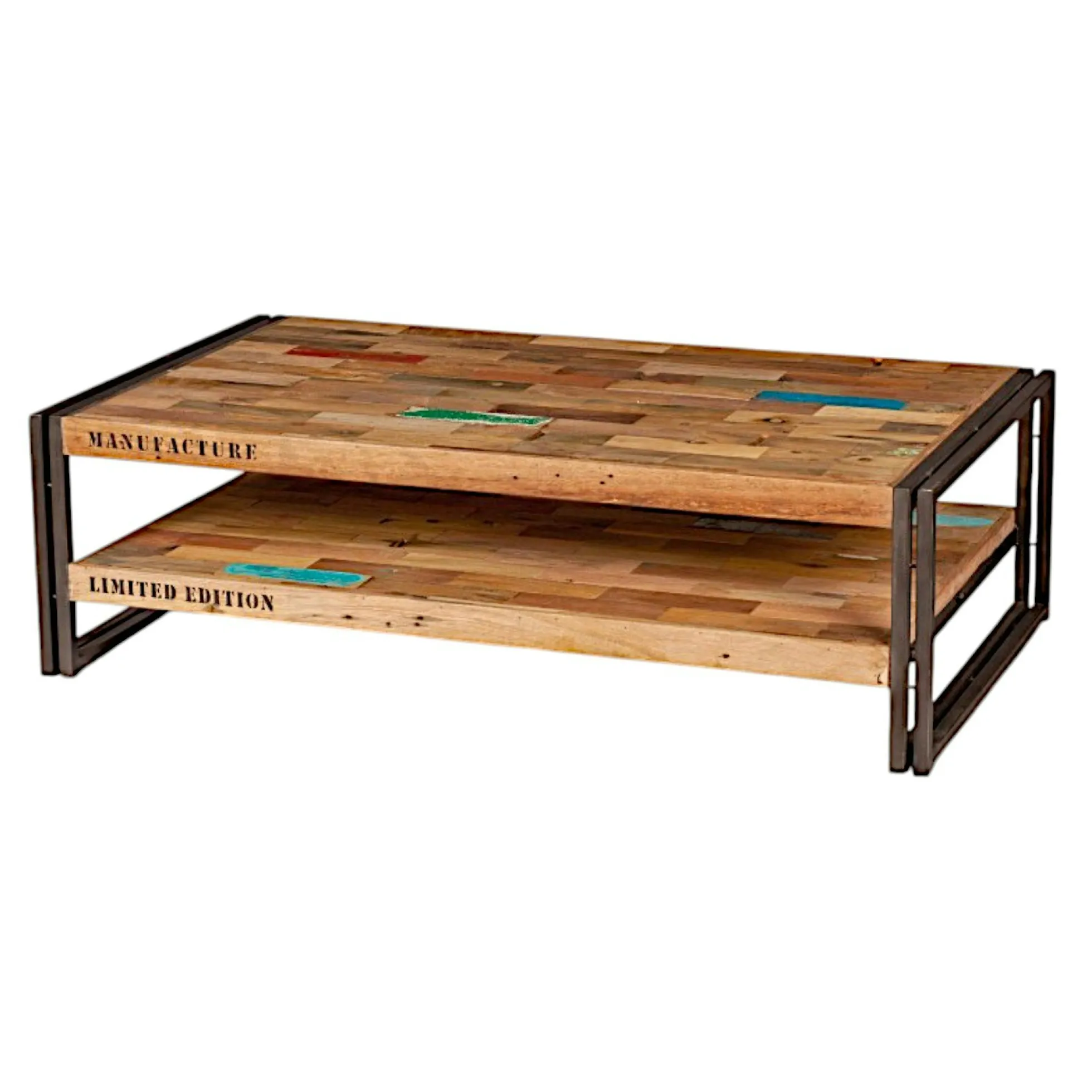 Table basse rectangle bois recyclé double plateaux 120x70 CARAVELLE