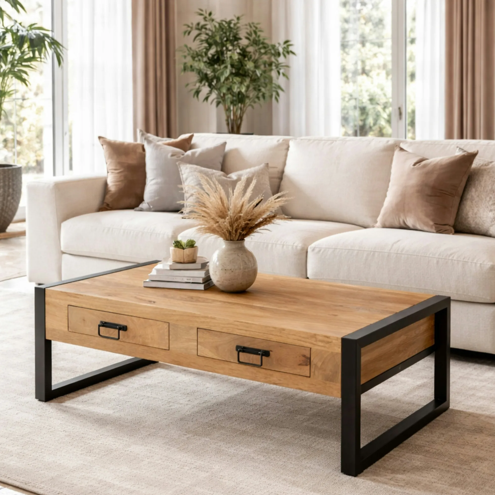 Table basse rectangulaire bois clair métal noir 2 tiroirs MILORA