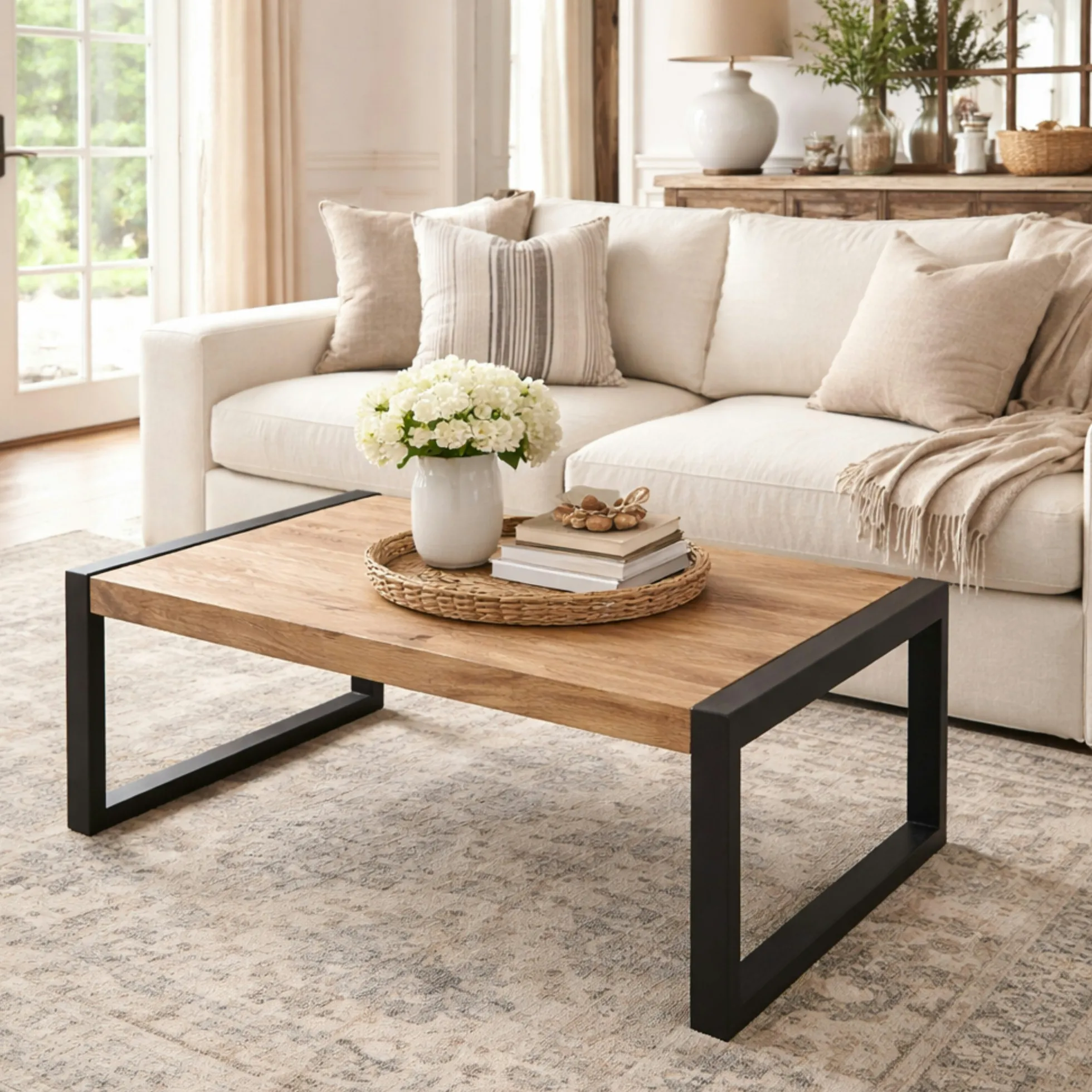 Table basse rectangulaire bois clair métal noir MILORA